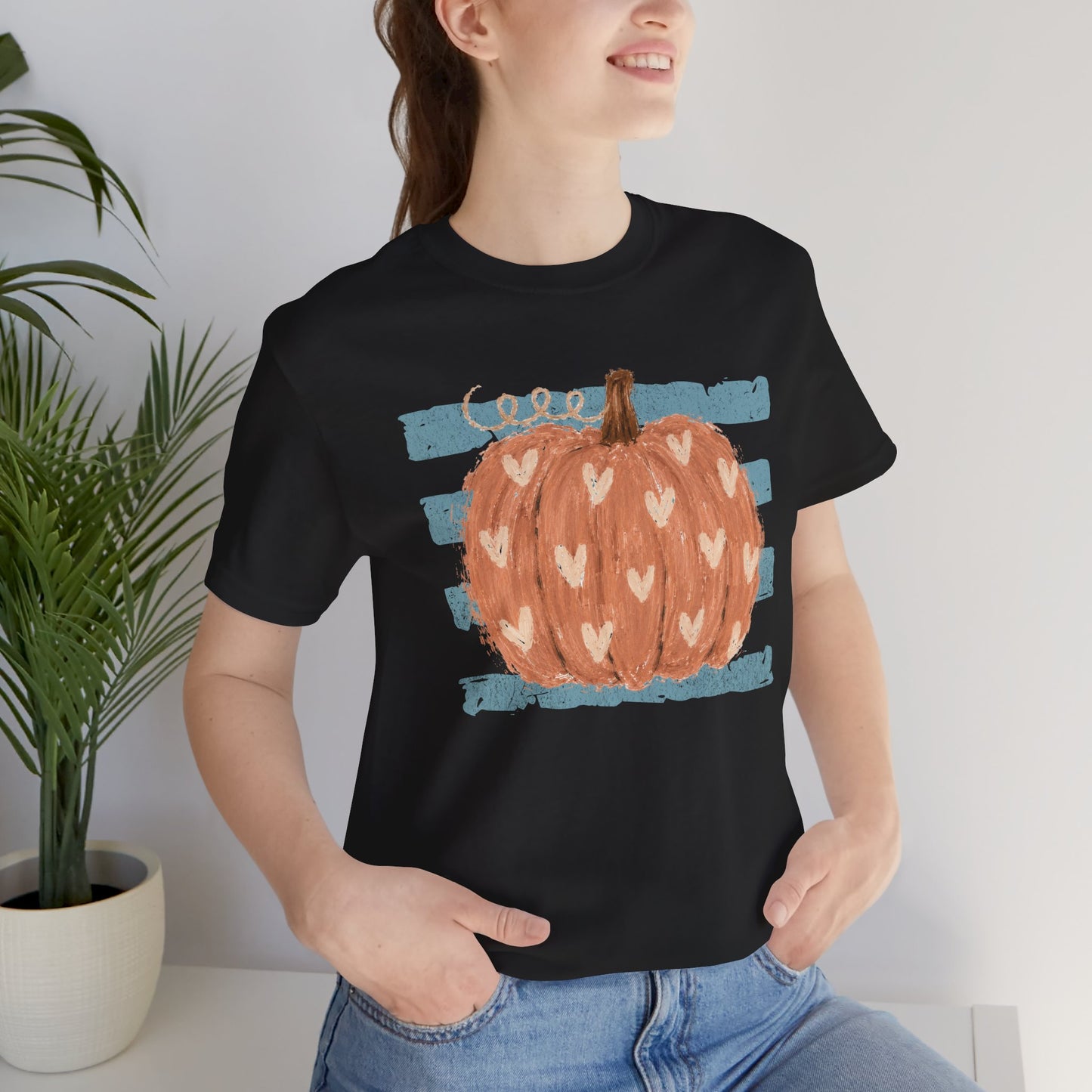 Pumpkin Heart Tee — Rustic Striped Autumn Pumpkin T‑Shirt