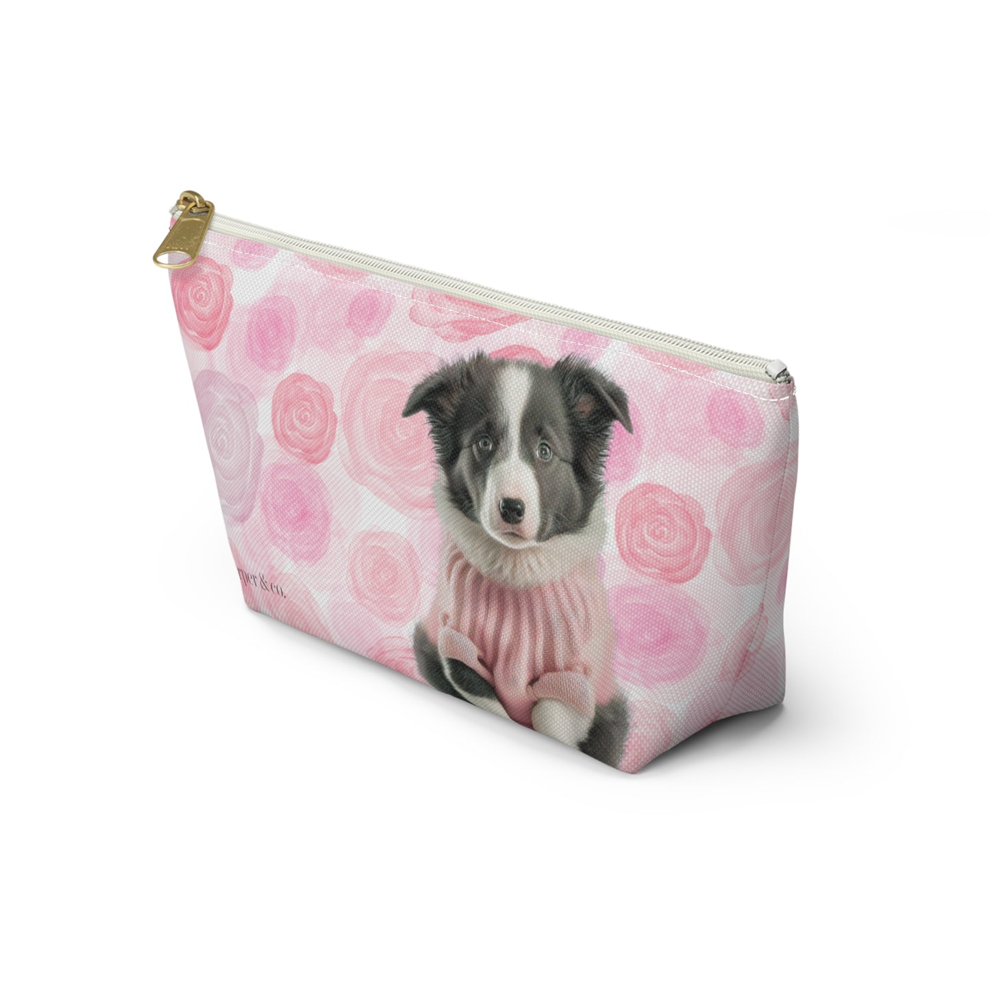 Border Collie & Pink Roses Accessory Pouch w T-bottom