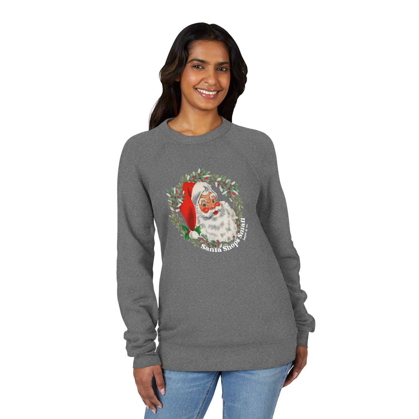 Santa Claus Shops Small Wreath Sweatshirt — Vintage Holiday Raglan Crewneck