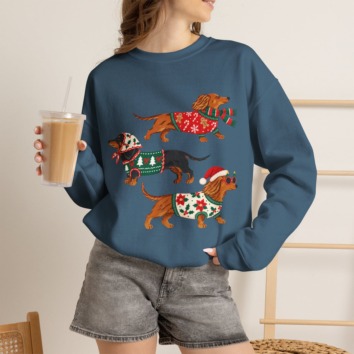 Dachshund Trio Christmas Sweatshirt – Festive Wiener Dogs in Holiday Sweaters