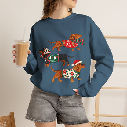 Dachshund Trio Christmas Sweatshirt – Festive Wiener Dogs in Holiday Sweaters