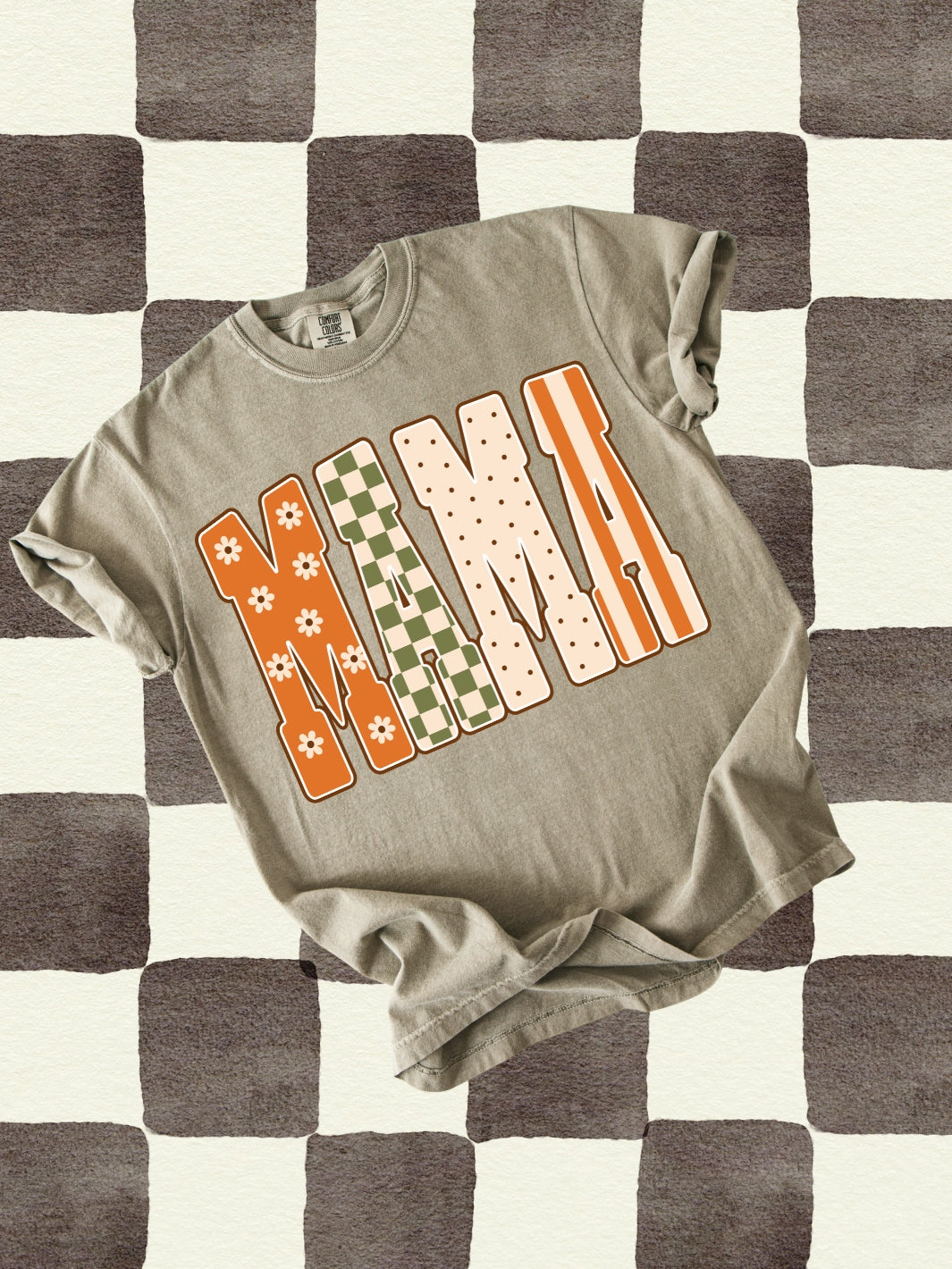 Retro MAMA Fall Floral Checkered Comfort Colors Graphic Tee