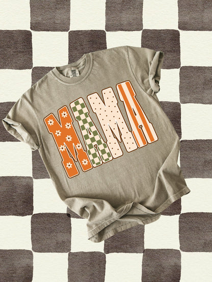 Retro MAMA Fall Floral Checkered Comfort Colors Graphic Tee