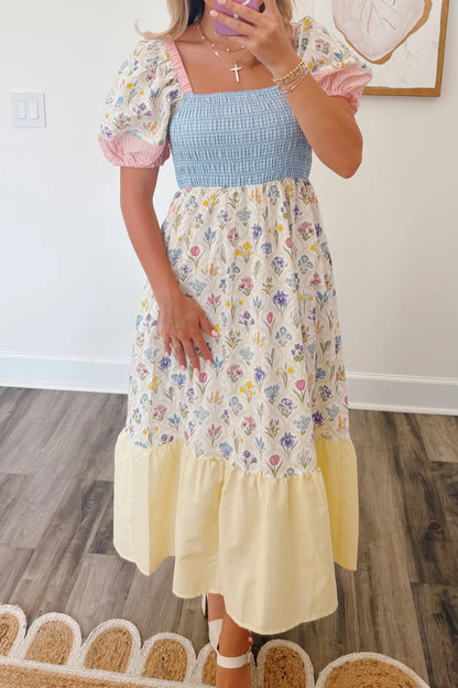 Multicolour Floral Print Striped Color Block Patchwork Square Neck Shirred Long Dress