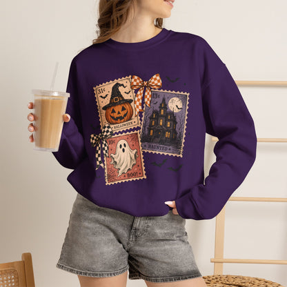 Halloween Patchwork Sweatshirt — Haunted House, Pumpkin & Ghost Crewneck