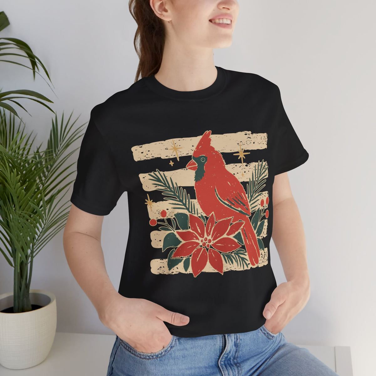Cardinal & Poinsettia Tee — Vintage Holiday Bird Christmas T-Shirt