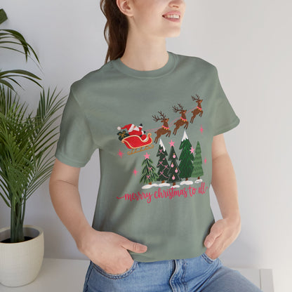 Christmas Tee - 'Merry Christmas to All' Santa Sleigh & Reindeer Holiday T-Shirt