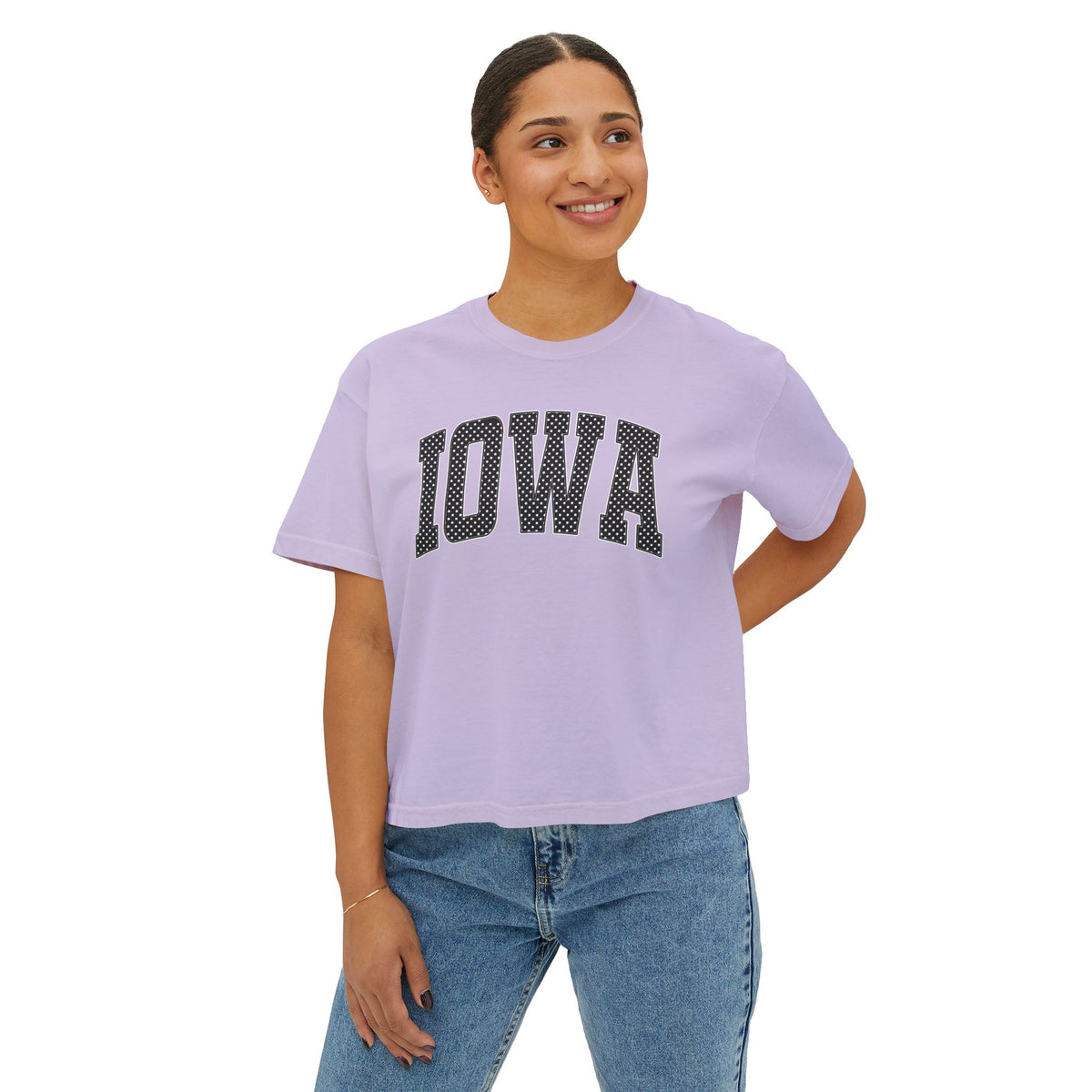 Iowa Boxy Tee — White Dots Women's Cropped College Graphic T-Shirt