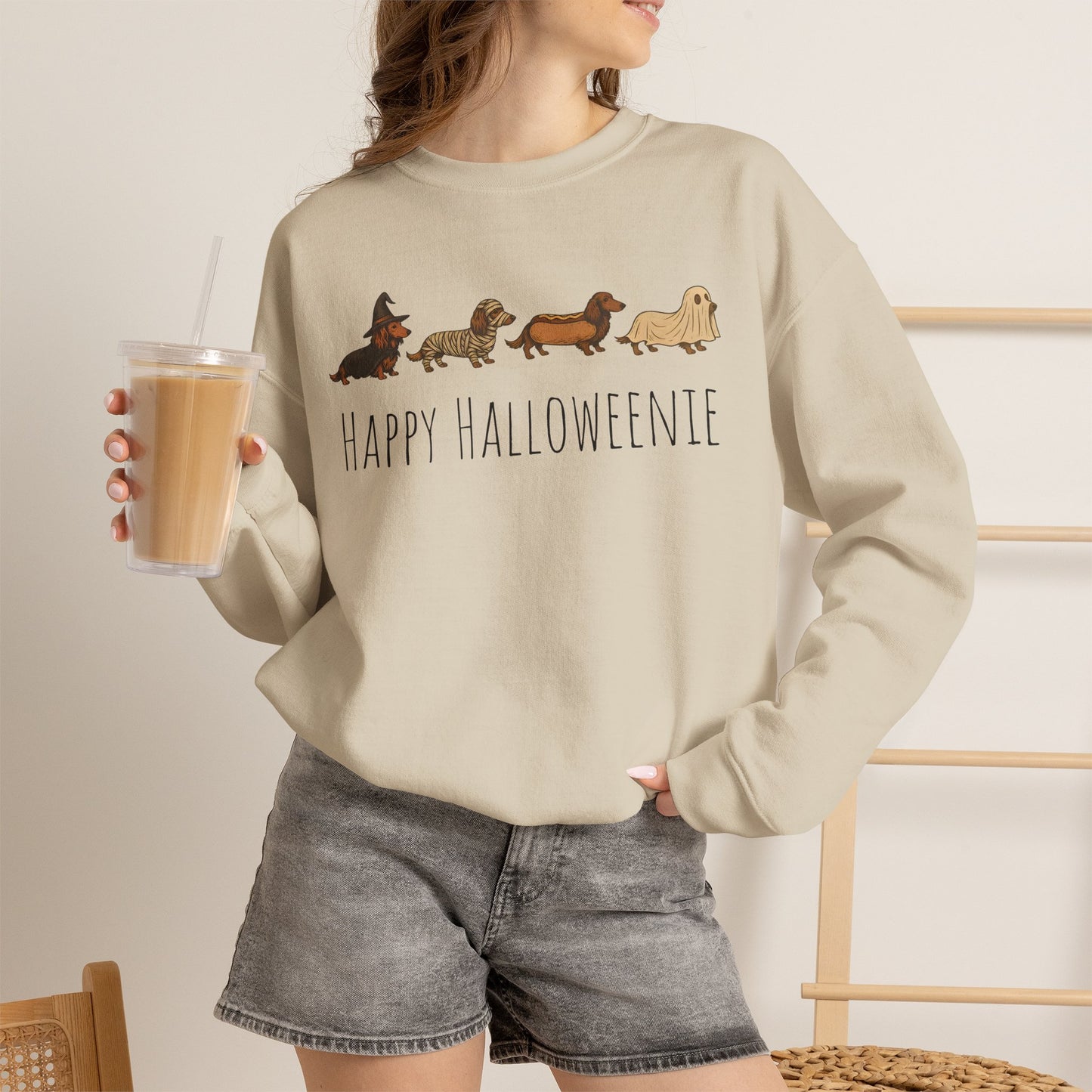 Halloween Dachshund Sweatshirt — "Happy Halloweenie" Cute Halloween Dog Crewneck