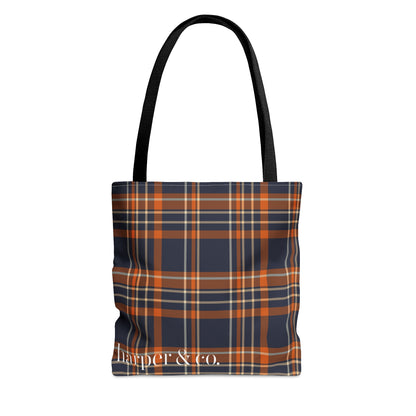 Navy Orange Plaid Tote Bag