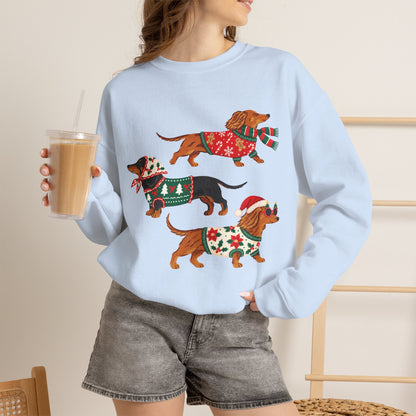 Dachshund Trio Christmas Sweatshirt – Festive Wiener Dogs in Holiday Sweaters