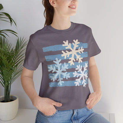 Winter Snowflakes Graphic Tee — Blue Striped Holiday T-Shirt