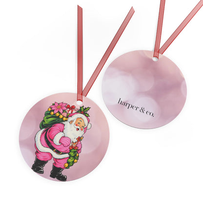 Pink Santa Christmas Metal Ornament