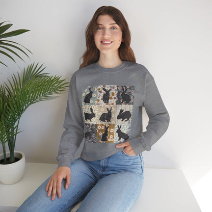 Boho Rabbit Silhouette Patchwork Sweatshirt — Floral Bunny Crewneck