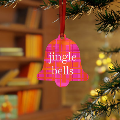 Jingle Bells Pink Plaid Metal Ornament