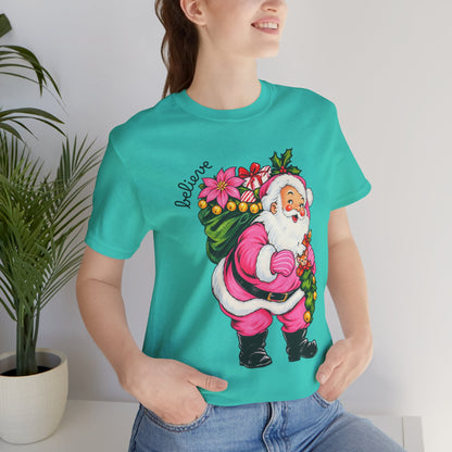 Pink Santa Christmas T-Shirt — Retro Holiday Santa Carrying Poinsettias Tee