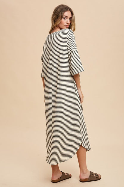 Annie Wear Striped Round Neck Terry Midi Dress