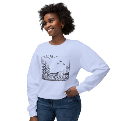 Iowa Farm Scene Crewneck Sweatshirt — Minimal Midwest Landscape