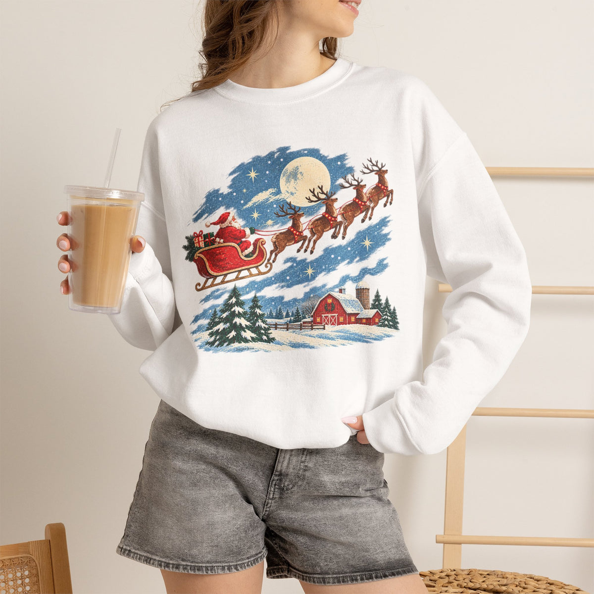 Christmas Santa Sleigh Night Sky Farm Sweatshirt