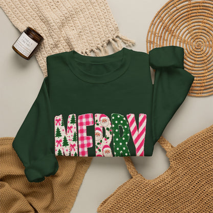 Merry Patchwork Crewneck Sweatshirt — Festive Christmas Plaid & Candy Cane Design