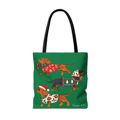 Holiday Dachshund Tote Bag — Christmas Dogs in Festive Sweaters AOP