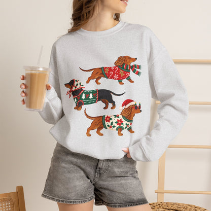 Dachshund Trio Christmas Sweatshirt – Festive Wiener Dogs in Holiday Sweaters