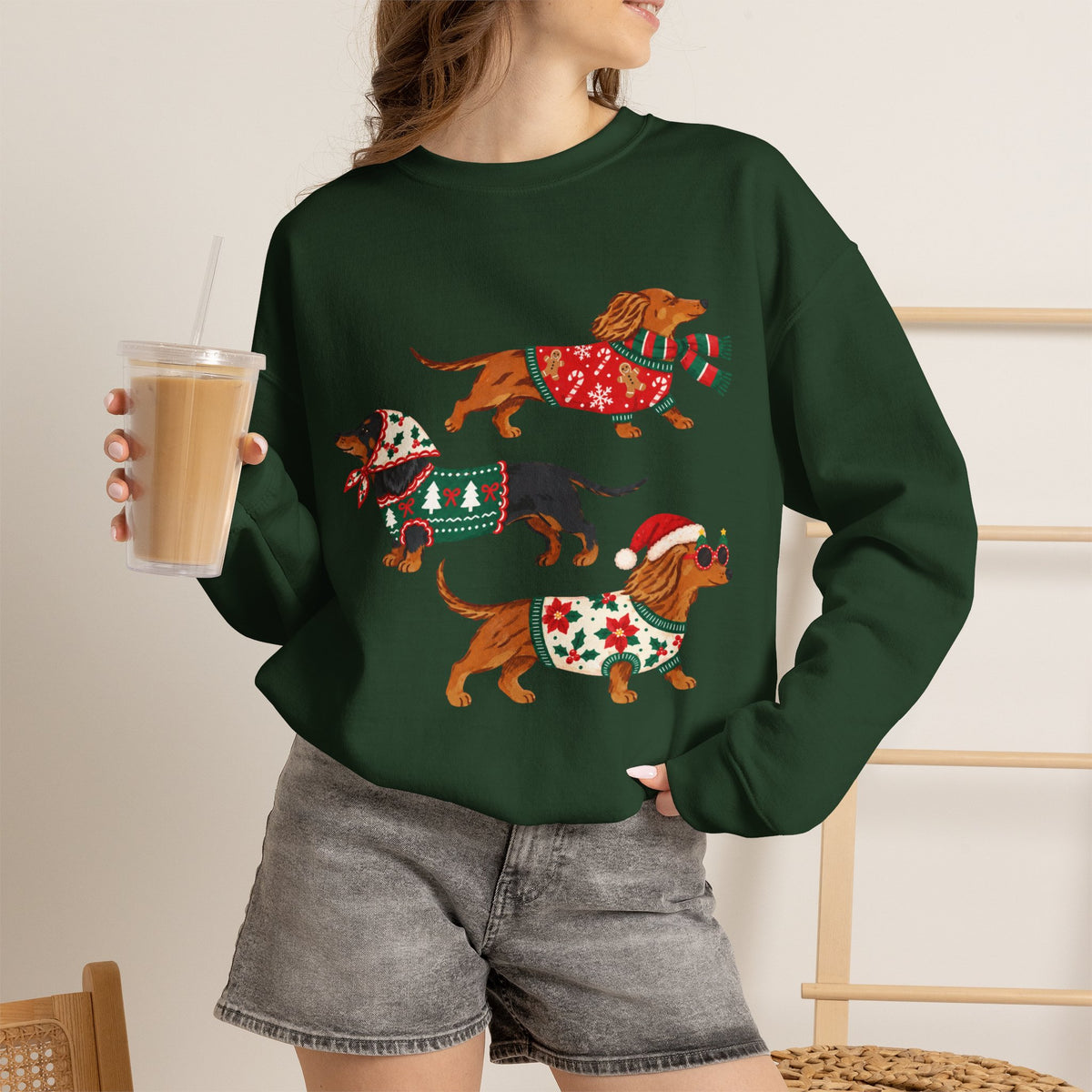 Dachshund Trio Christmas Sweatshirt – Festive Wiener Dogs in Holiday Sweaters