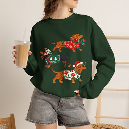 Dachshund Trio Christmas Sweatshirt – Festive Wiener Dogs in Holiday Sweaters