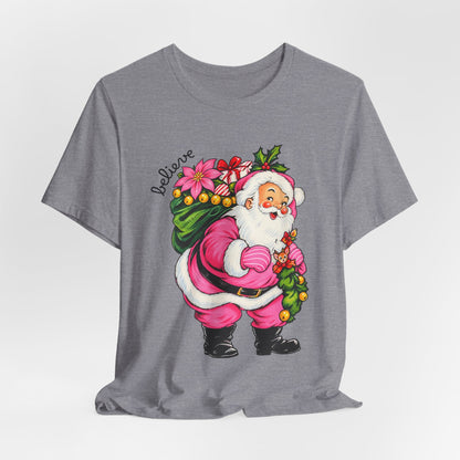 Pink Santa Christmas T-Shirt — Retro Holiday Santa Carrying Poinsettias Tee