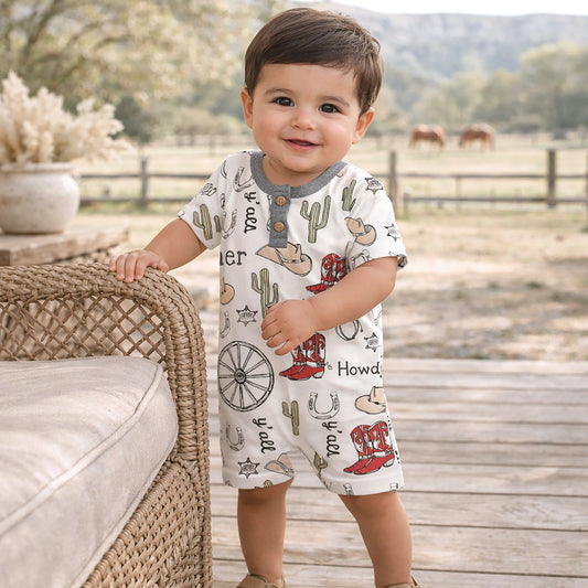 Howdy Partner Henley Romper – Cotton Western Cowboy