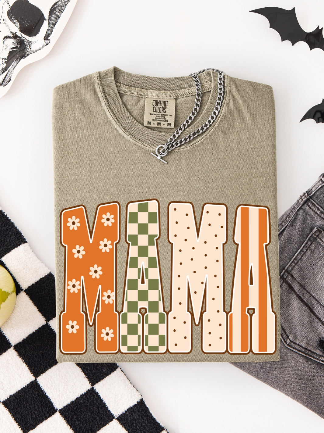 Retro MAMA Fall Floral Checkered Comfort Colors Graphic Tee