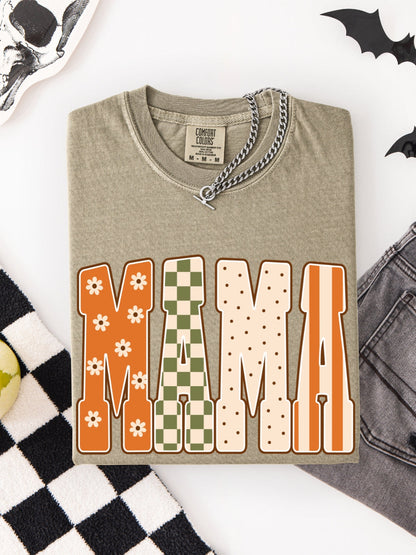 Retro MAMA Fall Floral Checkered Comfort Colors Graphic Tee