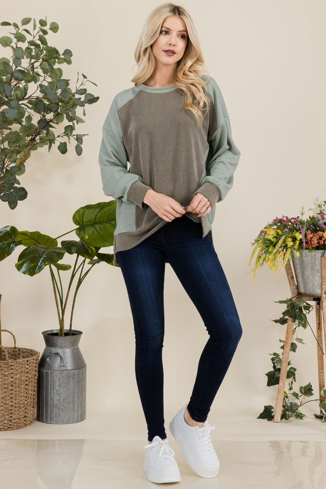 Celeste Full Size High-Low Contrast Round Neck Sweatshirt