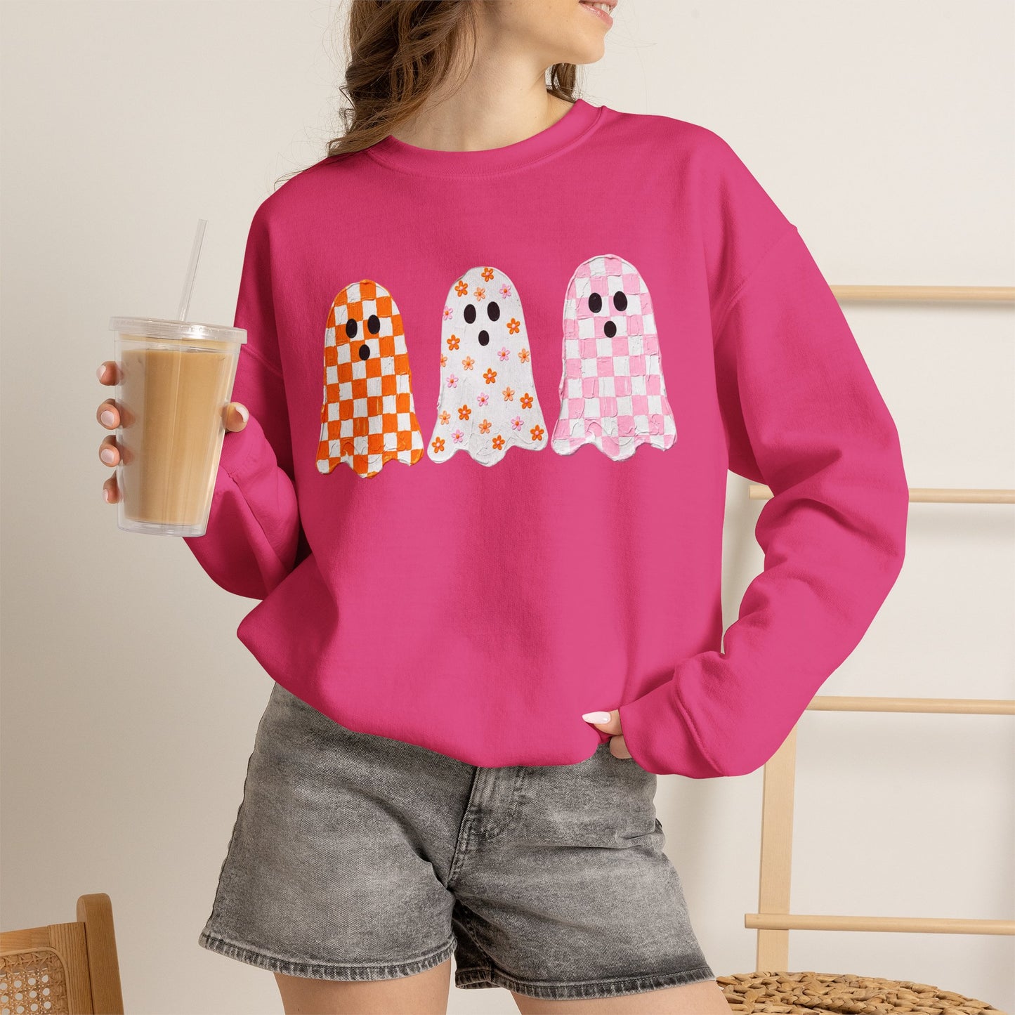 Ghost Crewneck Sweatshirt — Cute Checkerboard Halloween Pullover