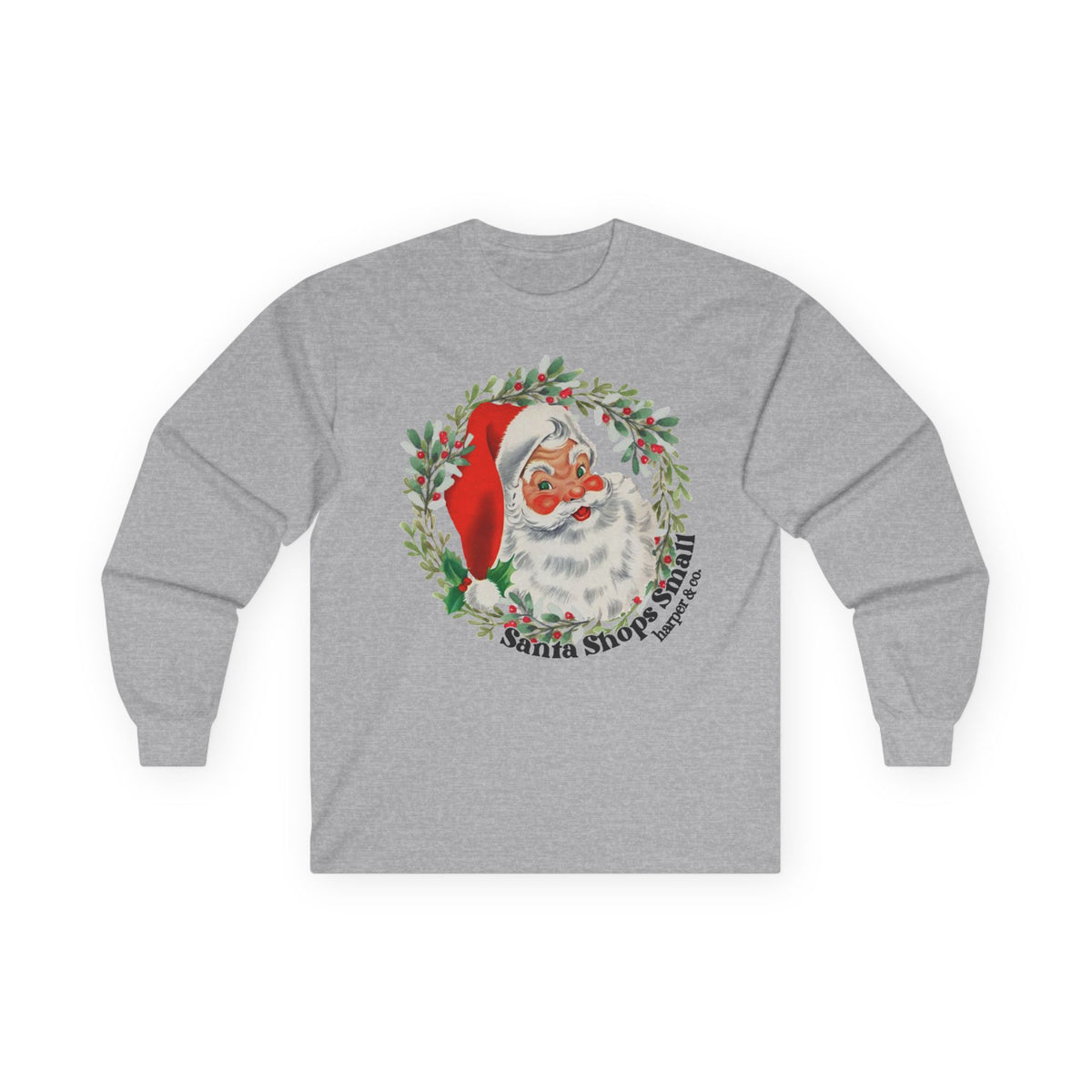 Vintage Santa Wreath Long Sleeve Tee — "Santa Shops Small" Christmas Shirt