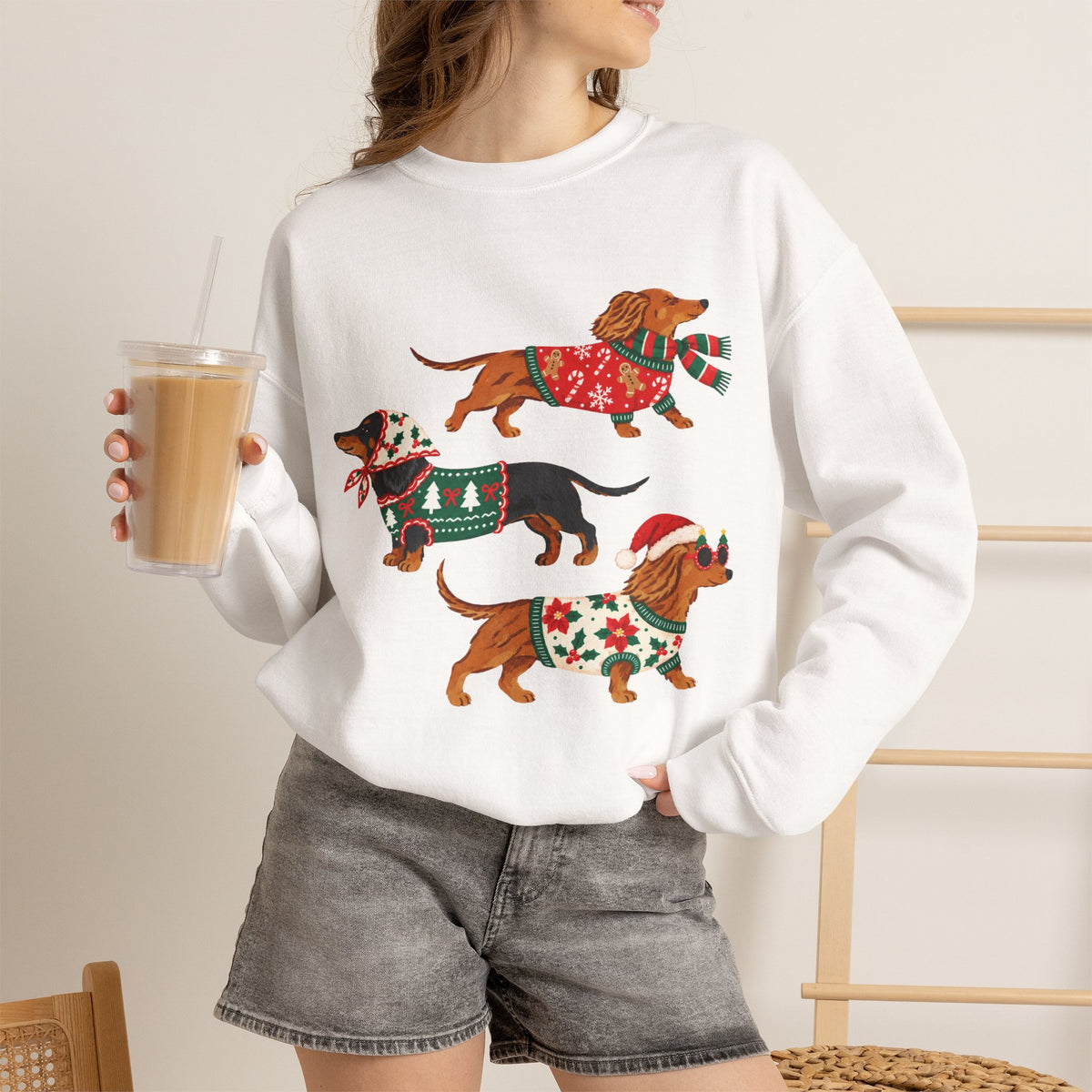 Dachshund Trio Christmas Sweatshirt – Festive Wiener Dogs in Holiday Sweaters