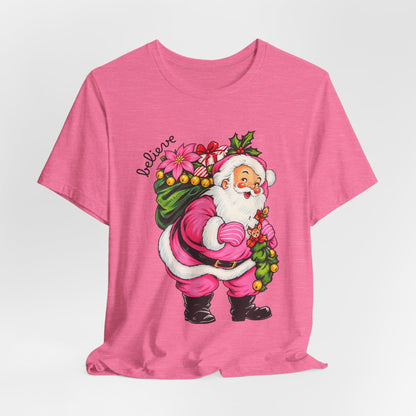 Pink Santa Christmas T-Shirt — Retro Holiday Santa Carrying Poinsettias Tee