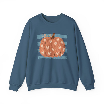 Pumpkin Blue Stripes with Hearts Crewneck Sweatshirt