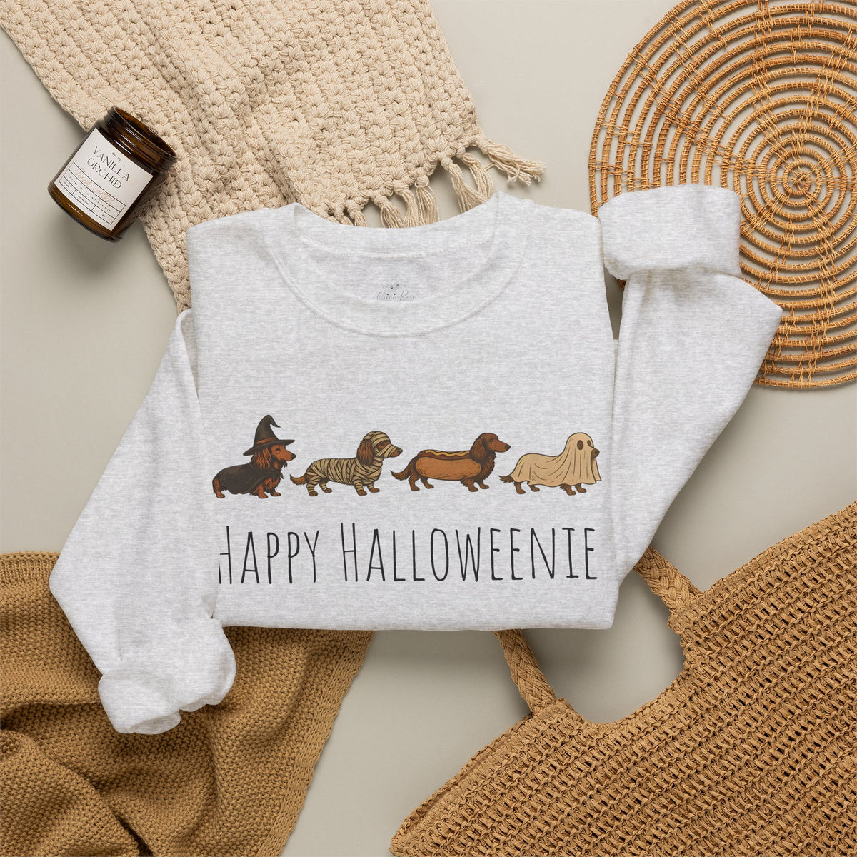 Halloween Dachshund Sweatshirt — "Happy Halloweenie" Cute Halloween Dog Crewneck