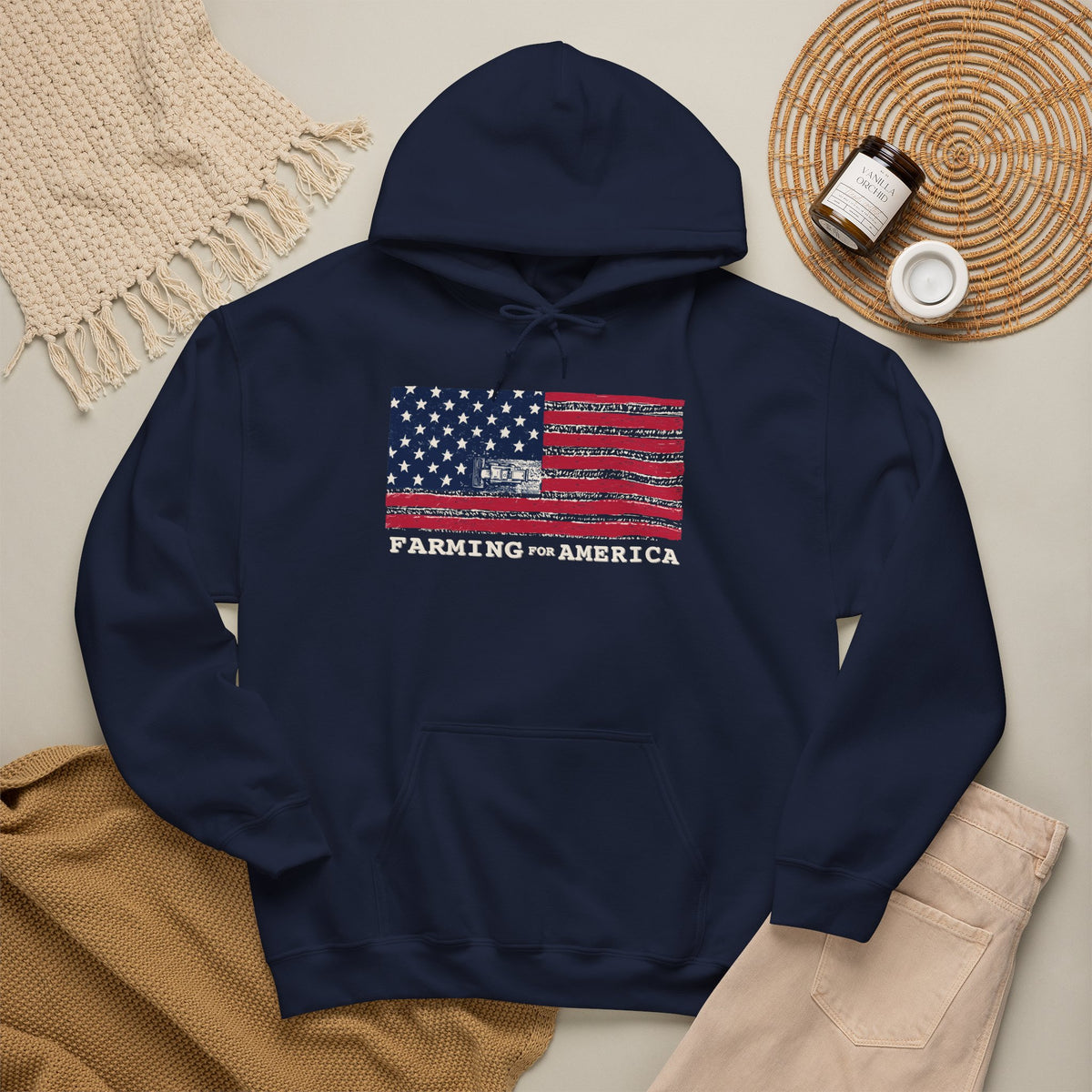 Farming for America Hoodie — Vintage American Flag Farm Sweatshirt
