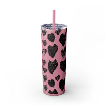 Black Heart Skinny Tumbler with Straw, 20oz