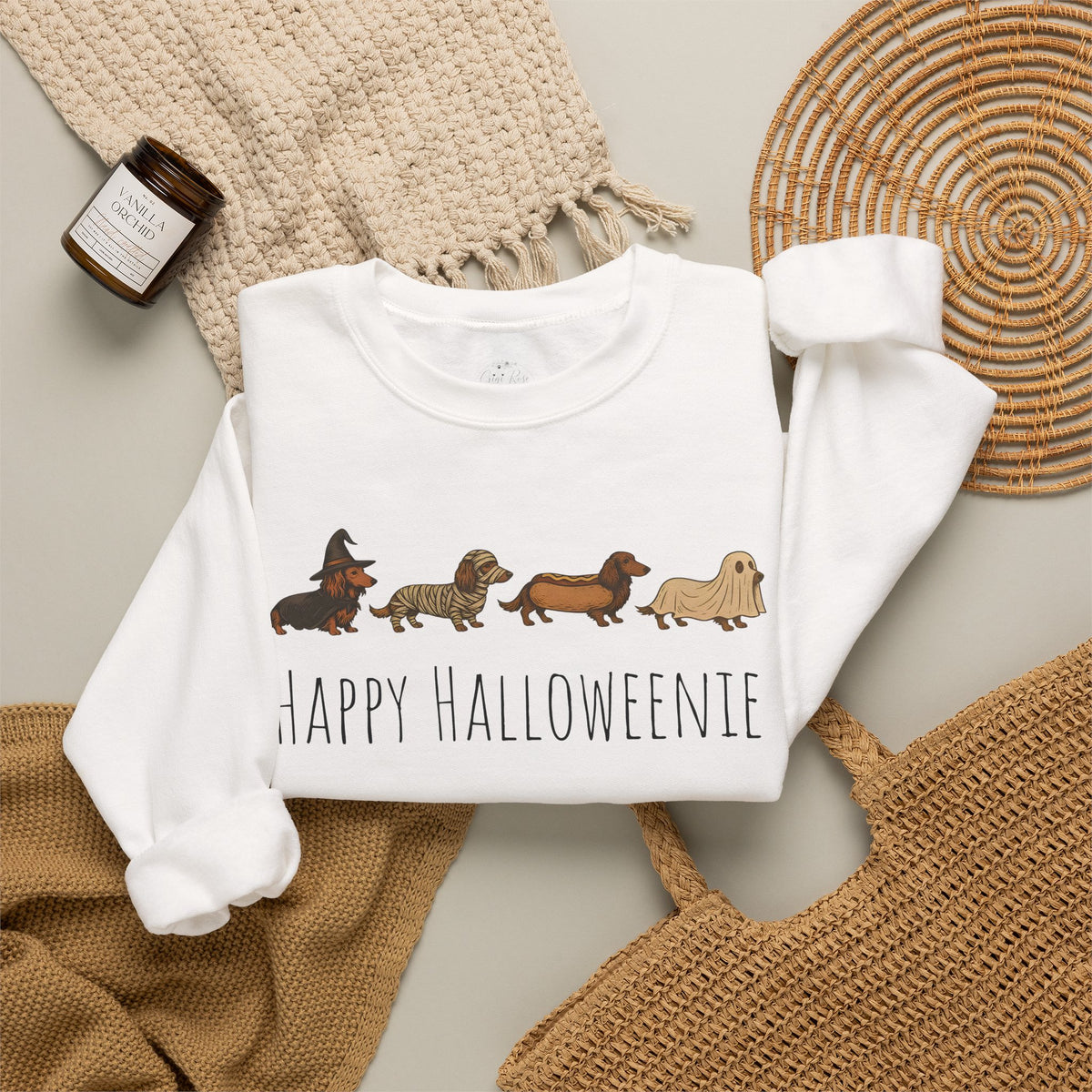 Halloween Dachshund Sweatshirt — "Happy Halloweenie" Cute Halloween Dog Crewneck