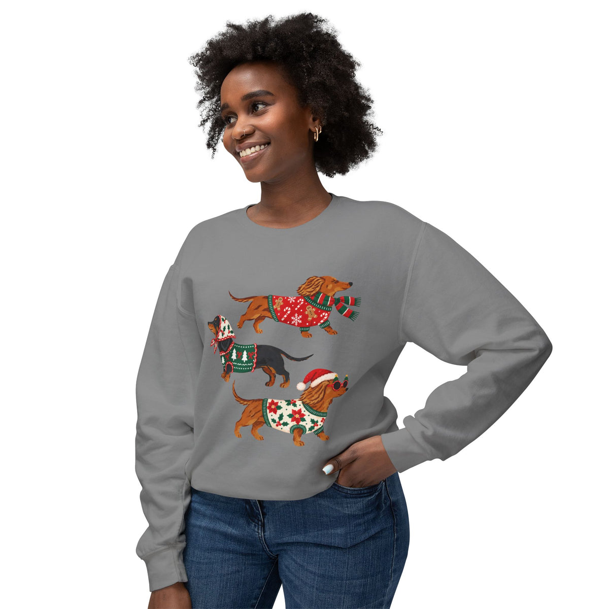 Dachshund Trio Christmas Sweatshirt — Festive Wiener Dogs in Holiday Sweaters