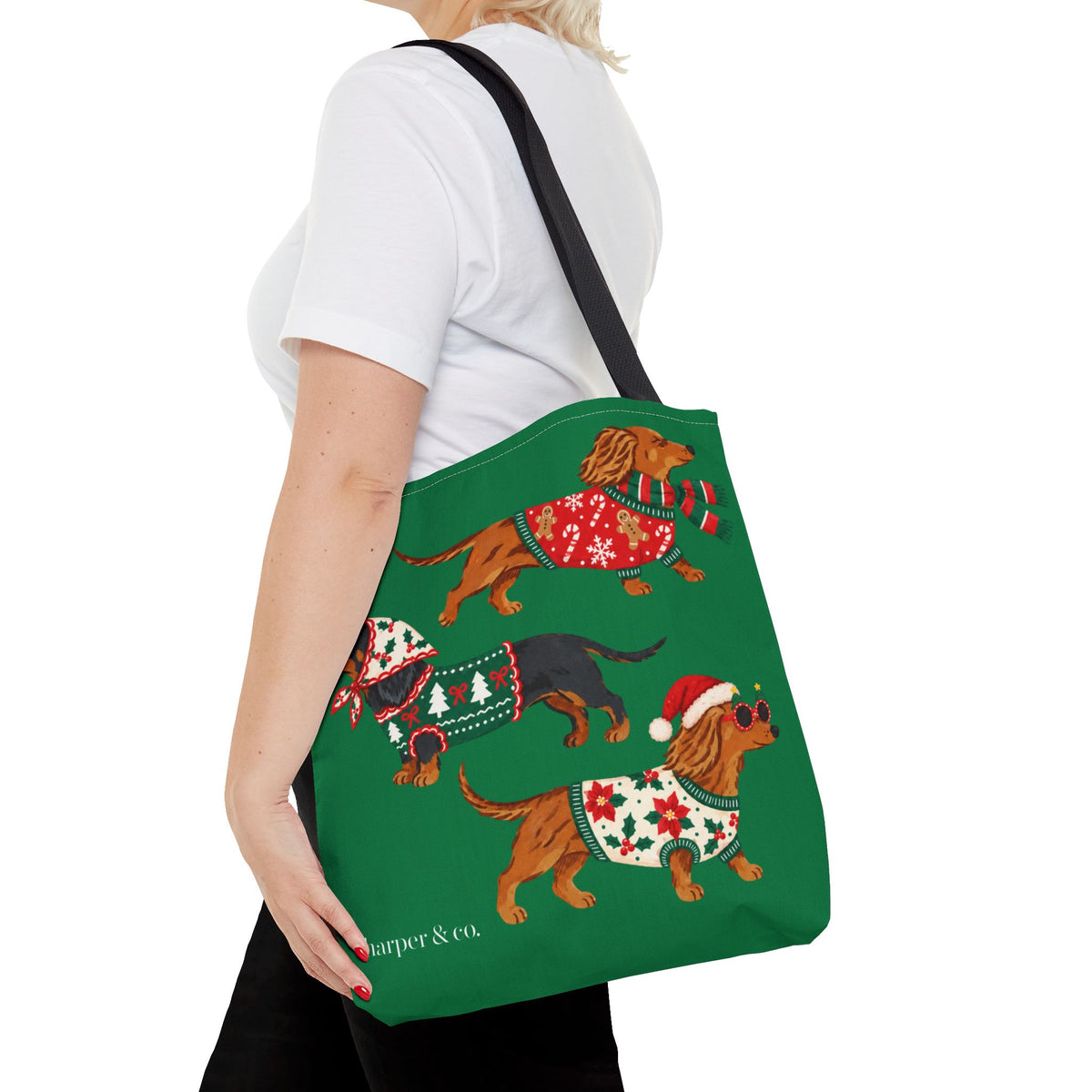 Holiday Dachshund Tote Bag — Christmas Dogs in Festive Sweaters AOP