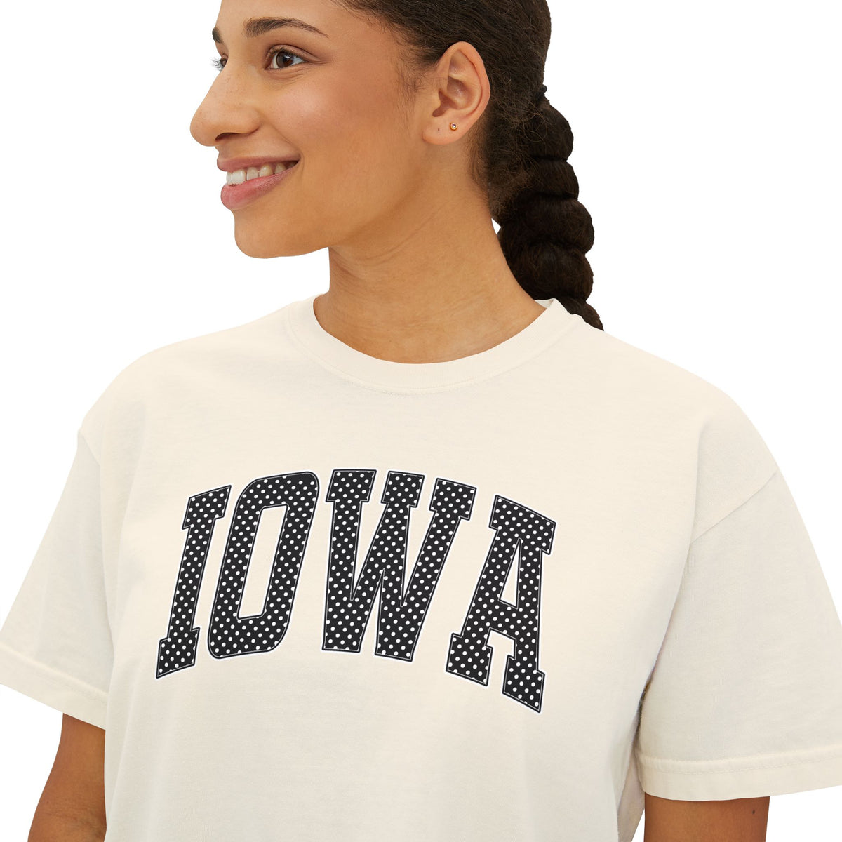 Iowa Boxy Tee — White Dots Women's Cropped College Graphic T-Shirt