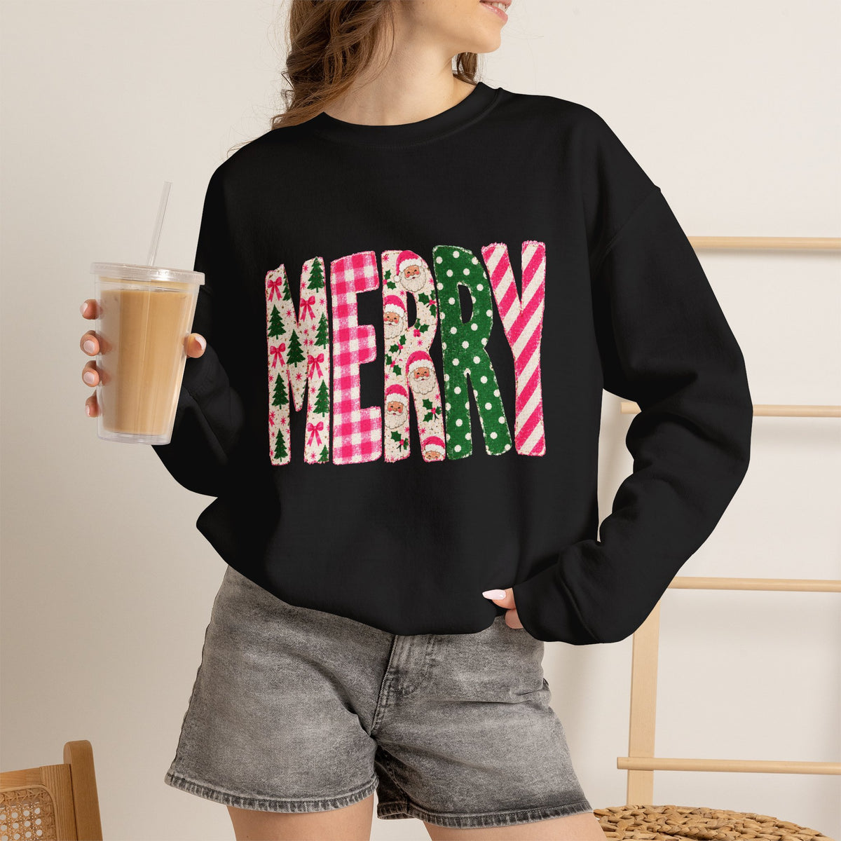 Merry Patchwork Crewneck Sweatshirt — Festive Christmas Plaid & Candy Cane Design