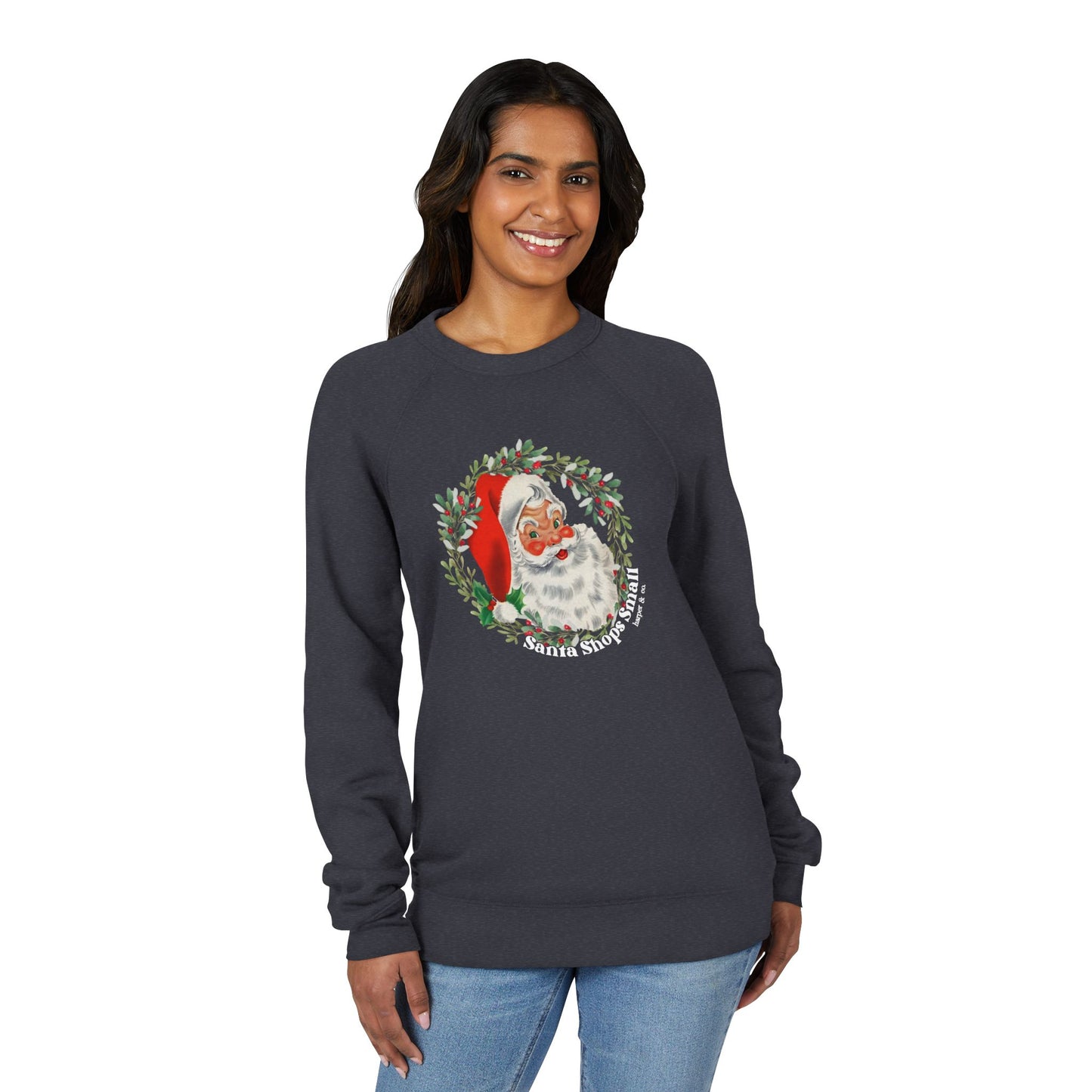 Santa Claus Shops Small Wreath Sweatshirt — Vintage Holiday Raglan Crewneck