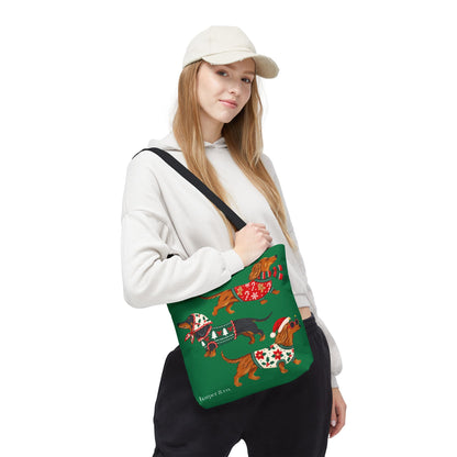 Holiday Dachshund Tote Bag — Christmas Dogs in Festive Sweaters AOP