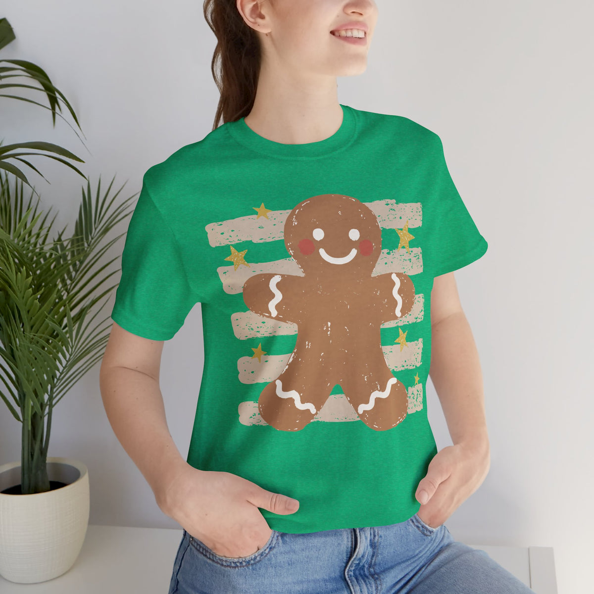Gingerbread Smile T-Shirt — Retro Striped Christmas Cookie Tee