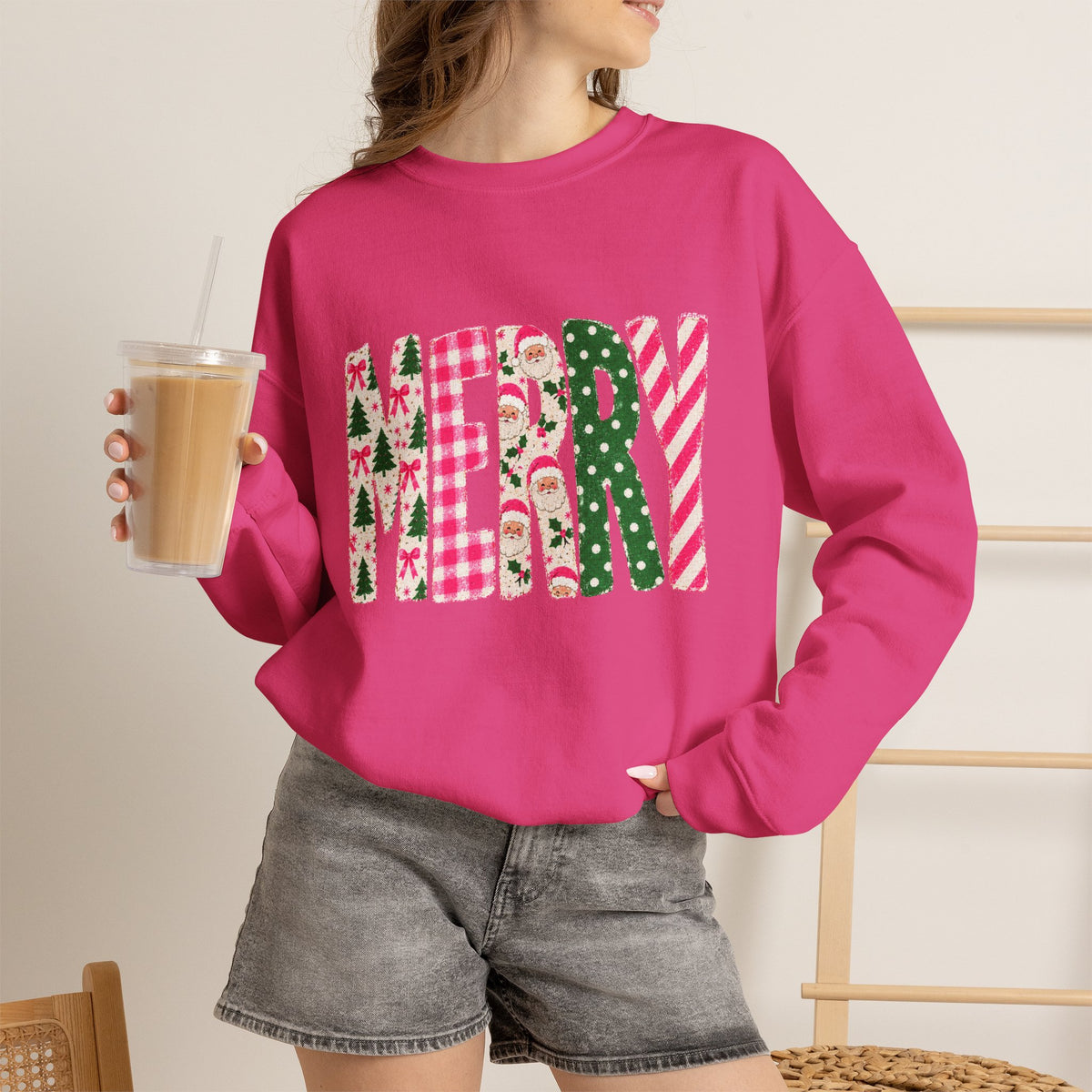 Merry Patchwork Crewneck Sweatshirt — Festive Christmas Plaid & Candy Cane Design